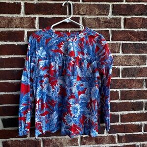 J. Crew Red Blouse with Blue Floral Print and Ruffle Yoke